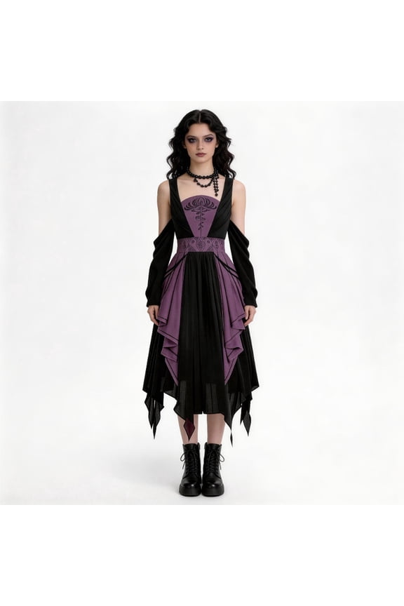 Womens Black Purple Gothic Medieval Dress Square Neck Cold Shoulder Asymmetric Hem Witch Vampire Halloween Cosplay Costume