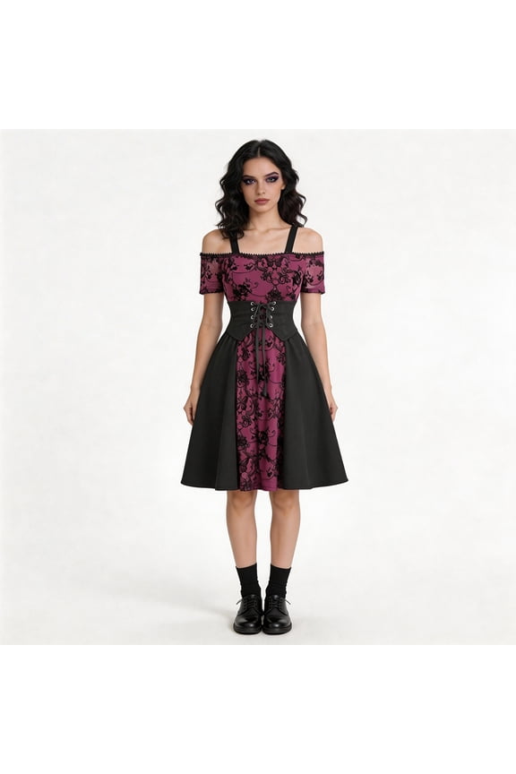 Womens Burgundy Black Gothic A Line Dress Off Shoulder Short Sleeve Lace Print Corset Waist Halloween Vampire Cosplay Punk Outfit