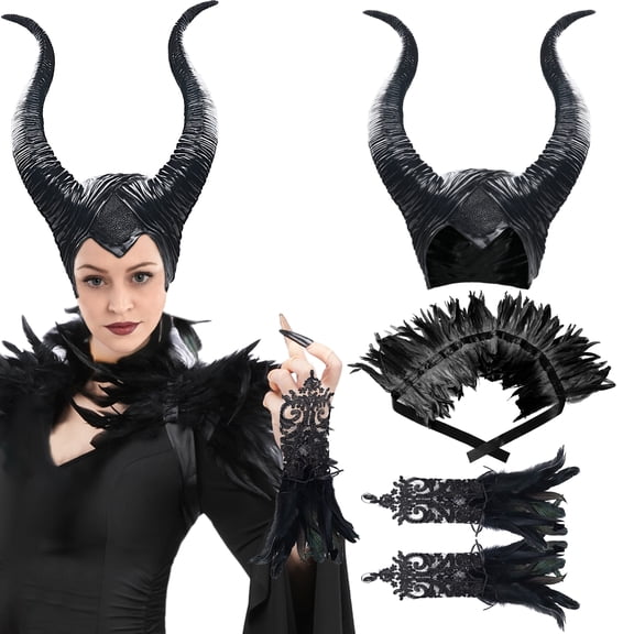 IROOZIGOTO Womens Gothic Horn Headpiece Feather Collar Lace Gloves Costume Set Halloween Cosplay Party Accessories