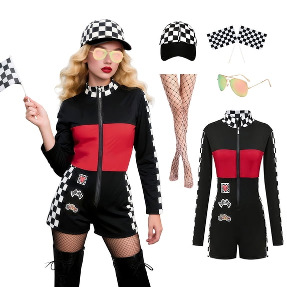 IROOZIGOTO Womens Race Car Driver Jumpsuit Costume 5 Piece Set Black ...