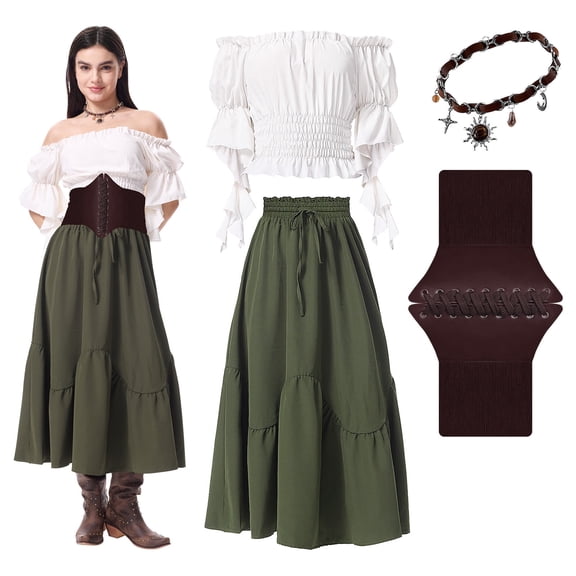 IROOZIGOTO Womens Renaissance Medieval 4 Piece Costume Set Off Shoulder Short Sleeve Tiered Maxi Skirt with Corset Belt White Olive Green for Cosplay Halloween Party