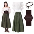 thumbnail image 1 of IROOZIGOTO Womens Renaissance Medieval 4 Piece Costume Set Off Shoulder Short Sleeve Tiered Maxi Skirt with Corset Belt White Olive Green for Cosplay Halloween Party, 1 of 9