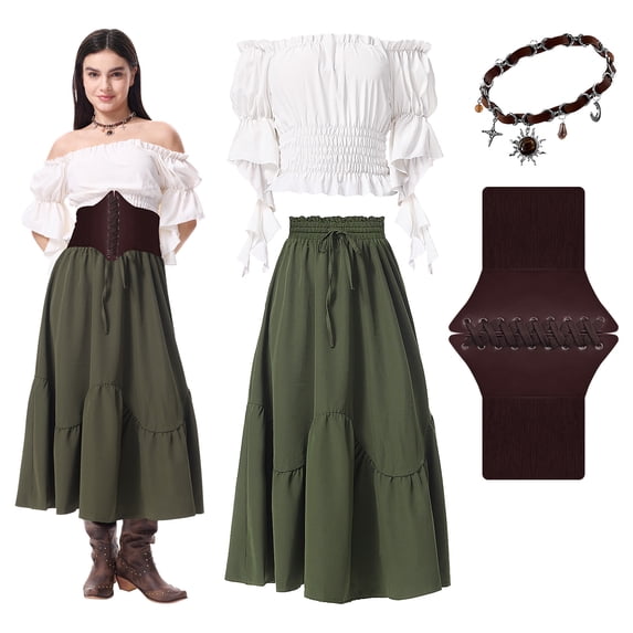 IROOZIGOTO Womens Renaissance Medieval 4 Piece Costume Set Off Shoulder Short Sleeve Tiered Maxi Skirt with Corset Belt White Olive Green for Cosplay Halloween Party