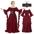 thumbnail image 1 of IROOZIGOTO Womens Medieval Renaissance Maxi Dress Off Shoulder Long Flare Sleeve with Brown Lace Up Corset Belt Halloween Cosplay Costume, 1 of 9