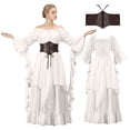 thumbnail image 1 of IROOZIGOTO Womens White Medieval Renaissance Maxi Dress Off Shoulder Long Flare Sleeve with Brown Lace Up Corset Belt Halloween Cosplay Costume, 1 of 9