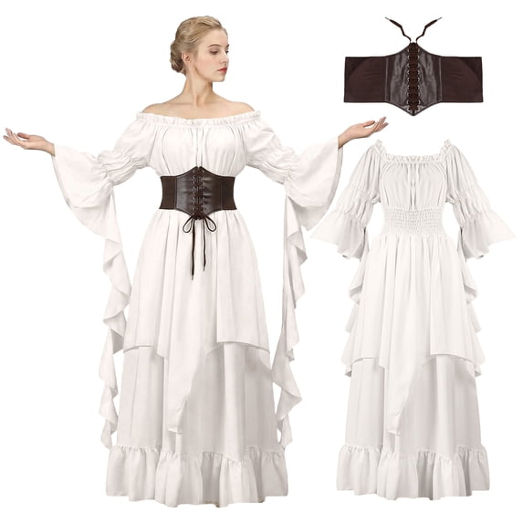 IROOZIGOTO Womens White Medieval Renaissance Maxi Dress Off Shoulder Long Flare Sleeve with Brown Lace Up Corset Belt Halloween Cosplay Costume