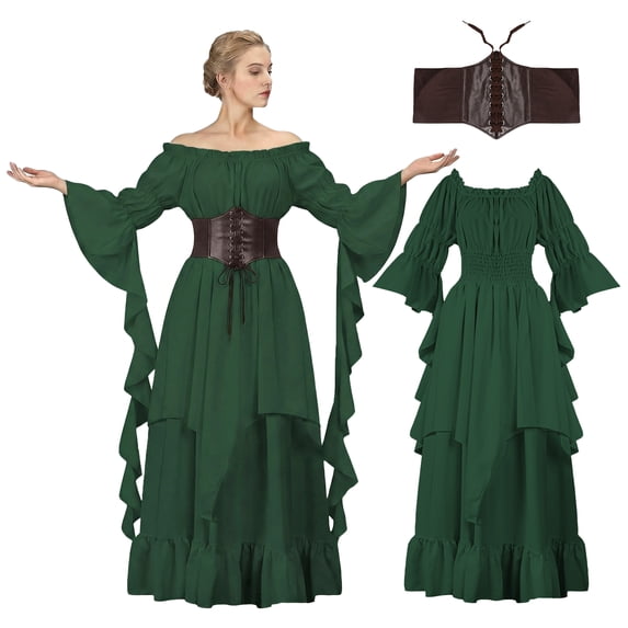 IROOZIGOTO Womens Medieval Renaissance Maxi Dress Off Shoulder Long Flare Sleeve with Brown Lace Up Corset Belt Halloween Cosplay Costume