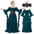 thumbnail image 1 of IROOZIGOTO Womens Medieval Renaissance Maxi Dress Off Shoulder Long Flare Sleeve with Brown Lace Up Corset Belt Halloween Cosplay Costume, 1 of 9