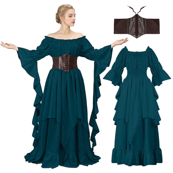 IROOZIGOTO Womens Medieval Renaissance Maxi Dress Off Shoulder Long Flare Sleeve with Brown Lace Up Corset Belt Halloween Cosplay Costume