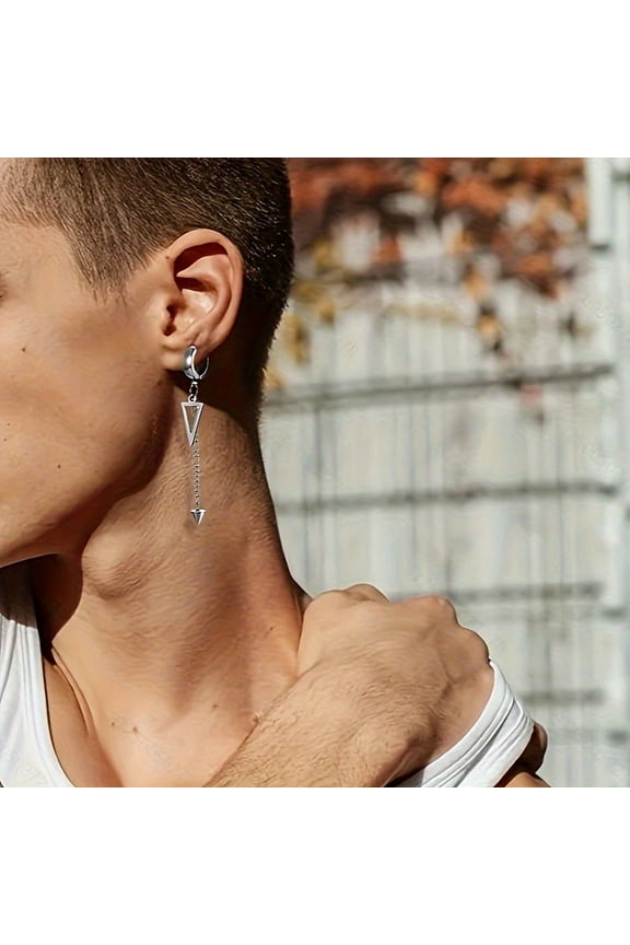 IRREGULAR TRIANGLE LONG CHAIN CUFF 14K White Gold EARRING FOR MEN UNISEX JEWELRY ROCK THE COOLEST CONCH HOOP CLIP PIERCING WITHOUT PIERCING