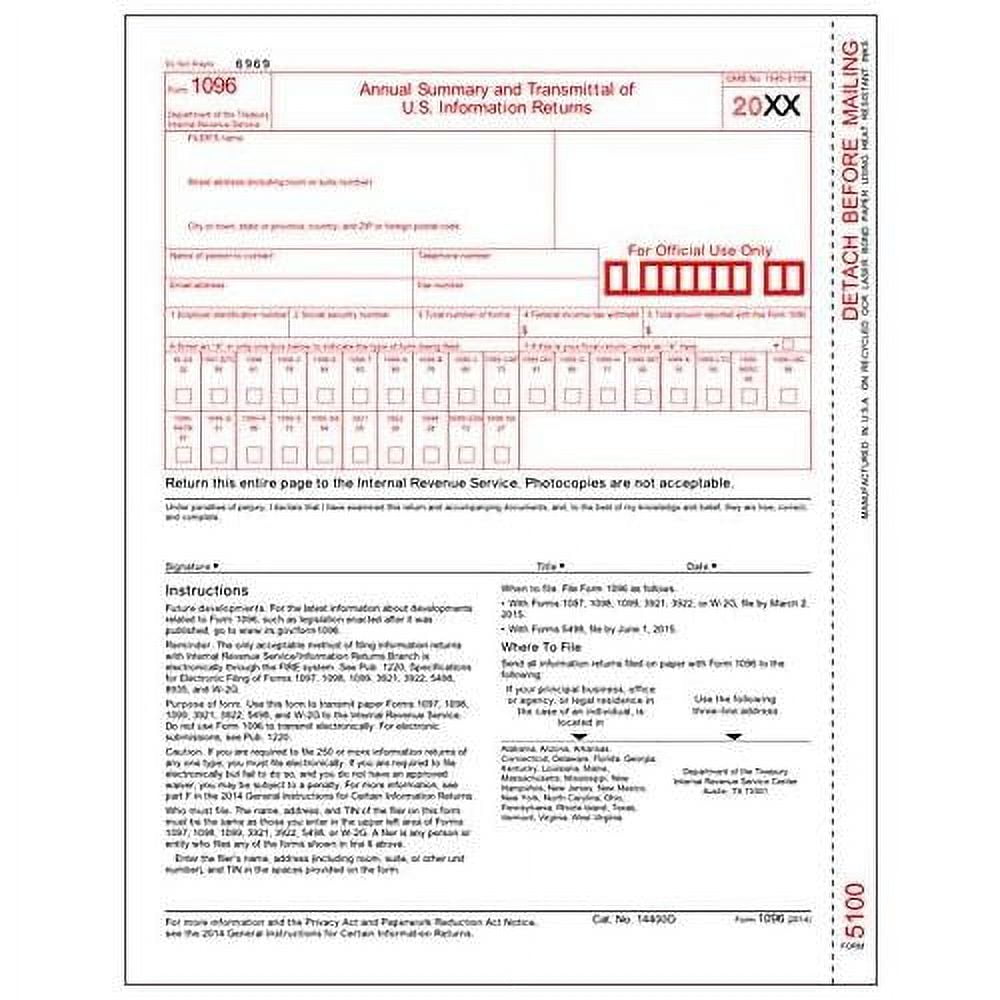 IRS Approved 1096 Laser Transmittal/Summary Tax Form 25 Pack