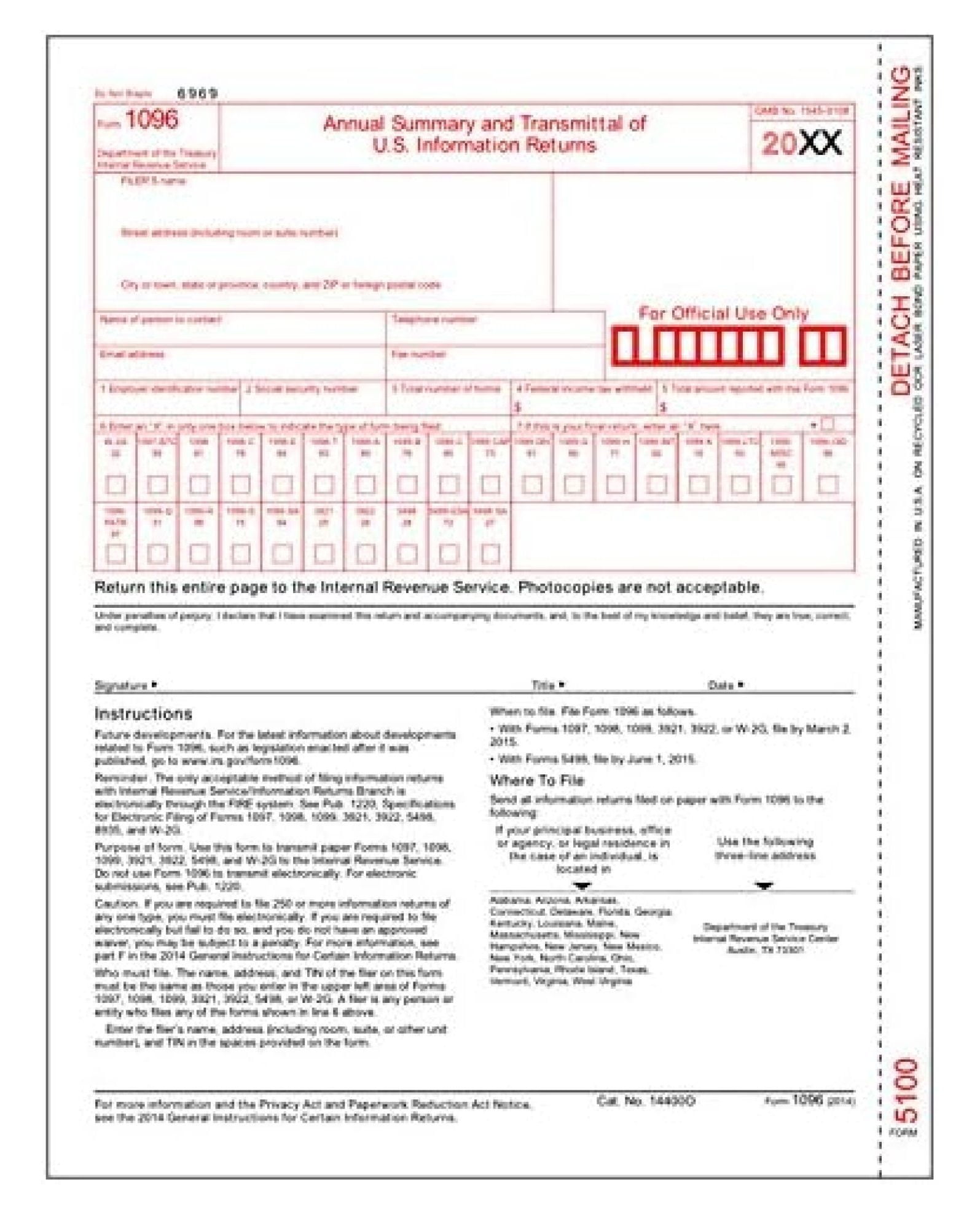 IRS Approved 1096 Laser Transmittal/Summary Tax Form (50 Packs ...