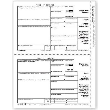 IRS Approved 1099-OID State Copy C Tax Form, 100 Recipients