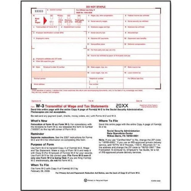 IRS Approved - W-3 Tax Summary Form - 10 Pack - Walmart.com