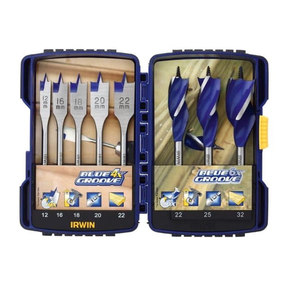 IRWIN - Blue Groove Auger & Flat Drill Bit Set, 8 Piece