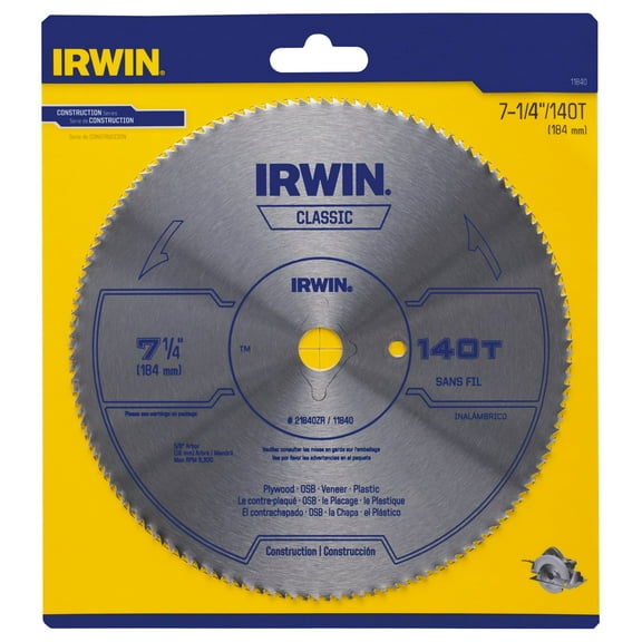 IRWIN Tools Classic Series Steel Corded Circular Saw Blade, 7 1/4-inch, 140T, .087-inch Kerf (11840) C57