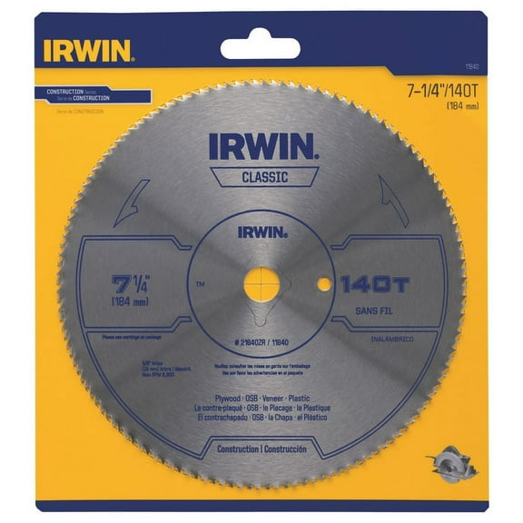 IRWIN Tools Classic Series Steel Corded Circular Saw Blade, 7 1/4-inch, 140T, .087-inch Kerf 11840