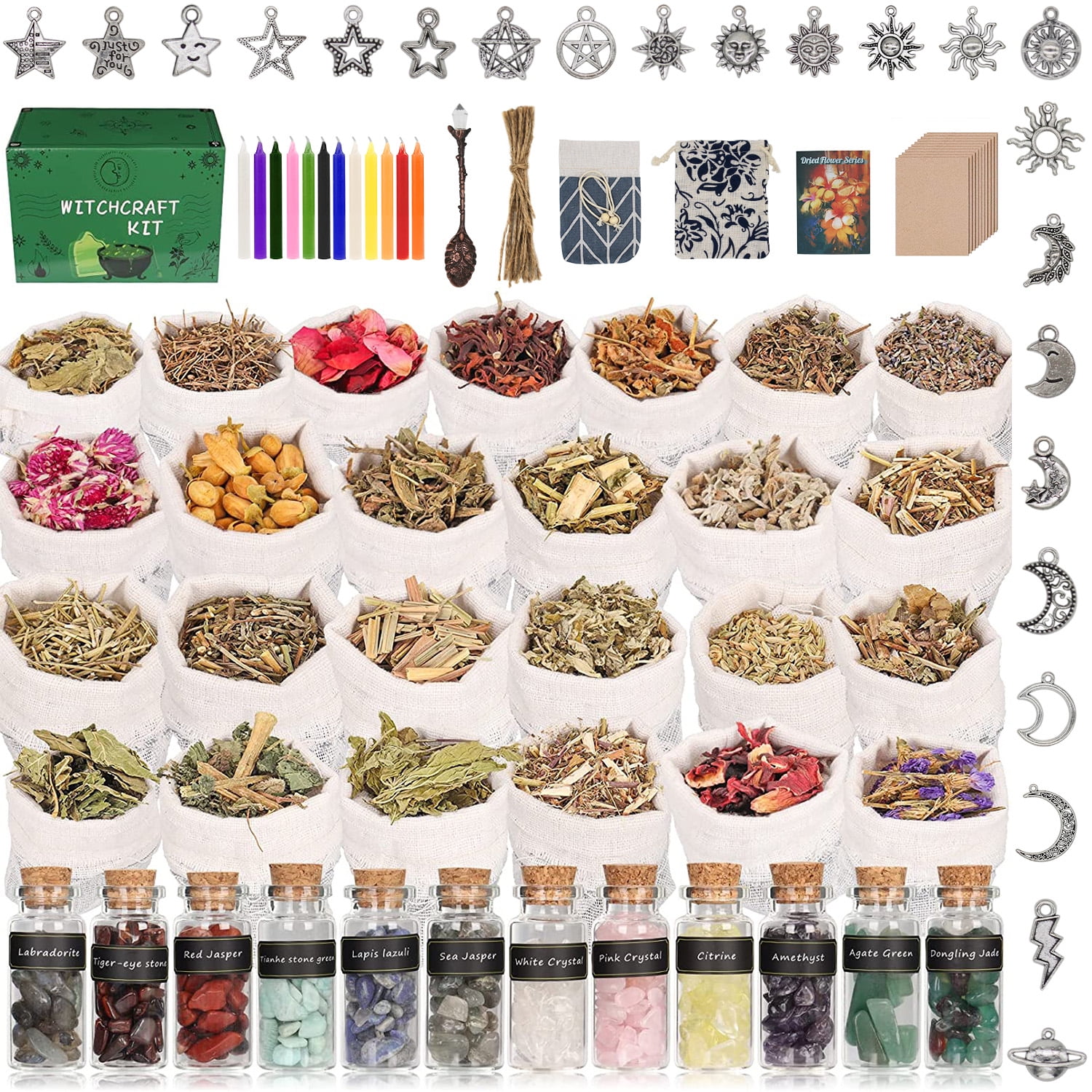 IRmm Witchcraft Supplies Kit 110 PCS,for Beginner Witchcraft Kit for Altar  Supplies, with Crystal Jars, Dried Herbs, Colored Magic Candles,Witch