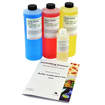pH Buffer Calibration Solutions Kit - pH 4.00, 7.00, 10.00 - 500mL (16oz) Each - Includes 4oz KCl Electrode Storage Solution & Instruction Manual - The Curated Chemical Collection