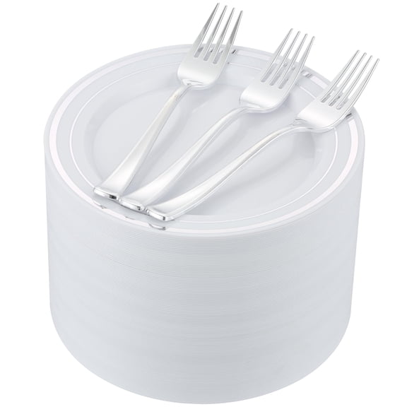 ISFANGCO 200 PCS Silver Dessert Plates AFN1Set for inch Disposable Silver Rimmed White Heavy Duty Plastic Salad Plates with Forks,Cake and Appetizer Plate for Wedding,Birthday and Party