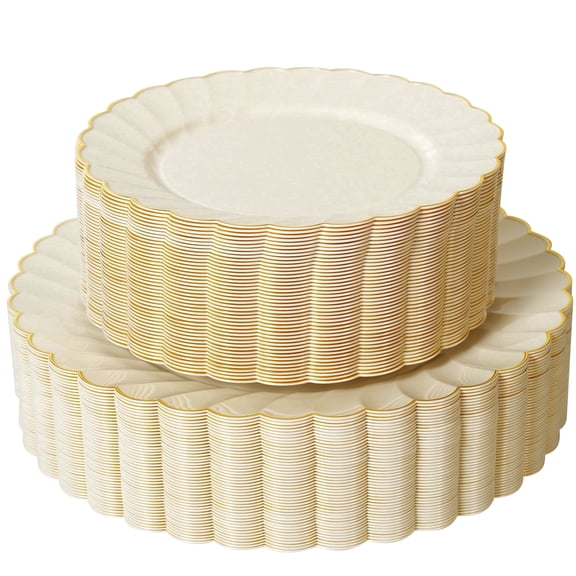 ISFANGCO 72PCS Ivory Scalloped Plastic Plates for 36 Guests, Elegant Disposable Plate with Gold Rim for Wedding Party, 36 Dinner&36 Dessert Plate