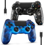 ISHAKO 2pack Wireless Controller for P4/PC/Laptop, USB-C Controller with Double Vibration, 6-Axis Motion Control-Blue&Black