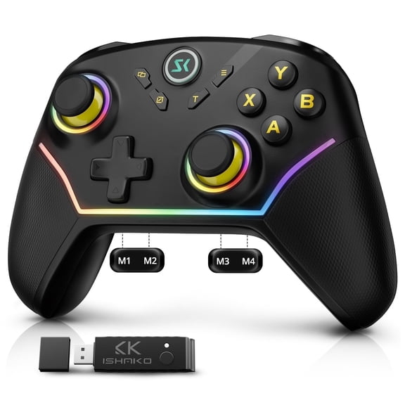 ISHAKO Wireless PC Controller, Hall Effect Gaming Controller with 1000Hz Polling Rate, 3-Stage Triggers, 4 Macro Back Buttons, RGB Lighting