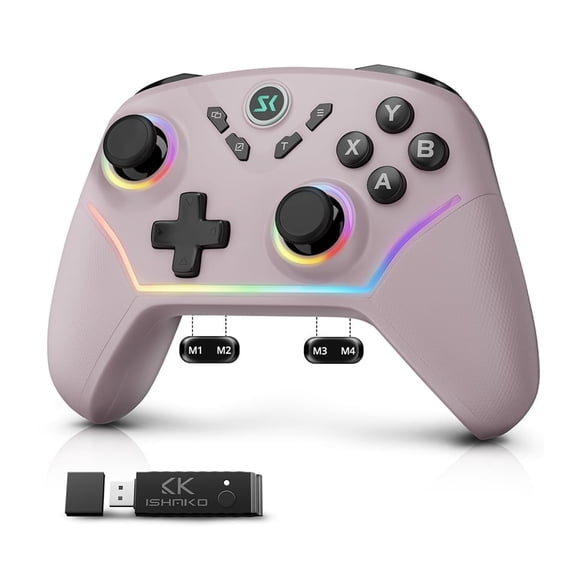 ISHAKO Wireless Controller for PC/Switch/iPhone/Android/Laptop– Bluetooth & 2.4G Gaming PC Controller with RGB, Turbo, Back Buttons, Hall Triggers, Hall Joystick -Metallic Berry Powder