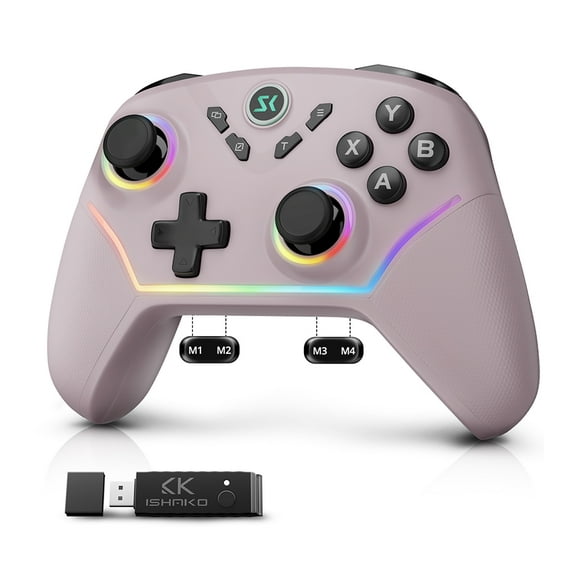 ISHAKO Wireless Controller for PC/Switch/iPhone/Android/Laptop Bluetooth & 2.4G Gaming PC Controller with RGB, Turbo, Back Buttons, Hall Triggers, Hall Joystick -Metallic Berry Powder