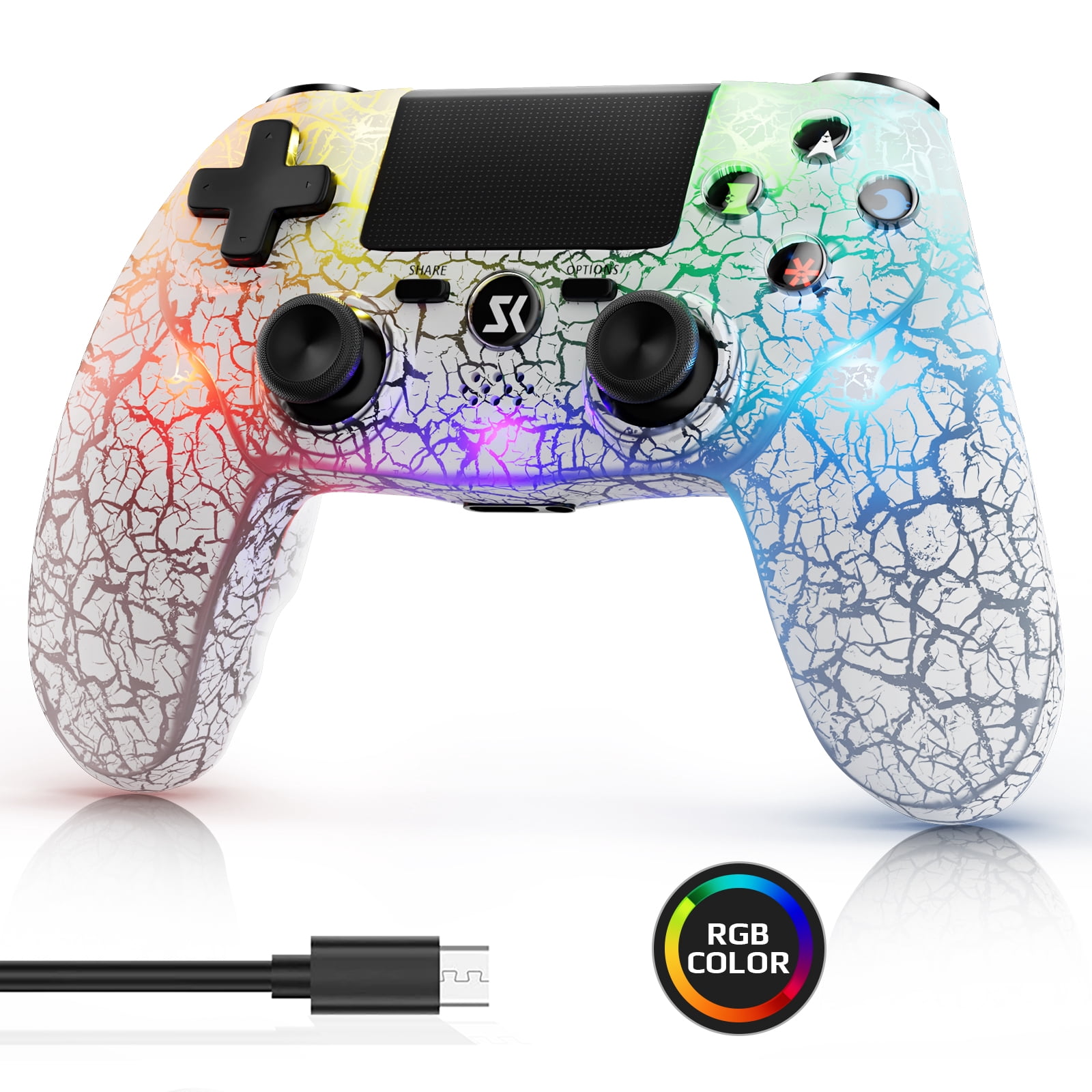ISHAKO Wireless Controller for P4/Pro/PC, with RGB Light, with Double Shock/6-Axis Motion -White