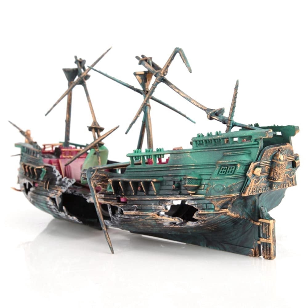 TEAMD Fishing Boat Aquarium Ornament Plastic Decoration Sunken Pirate Ship Theme