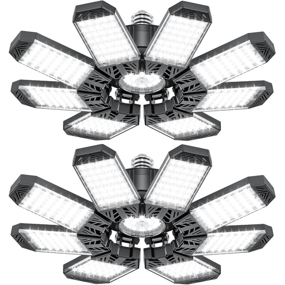 ISKYDRAW LED Garage Lights 2 Pack, 260W 26000LM Bright Shop Light with 8+1 Deformable Panels, 6500K Garage Ceiling Light Screw in E26/E27 Bulb Bay Lighting for Workshop Basement Barn Attic