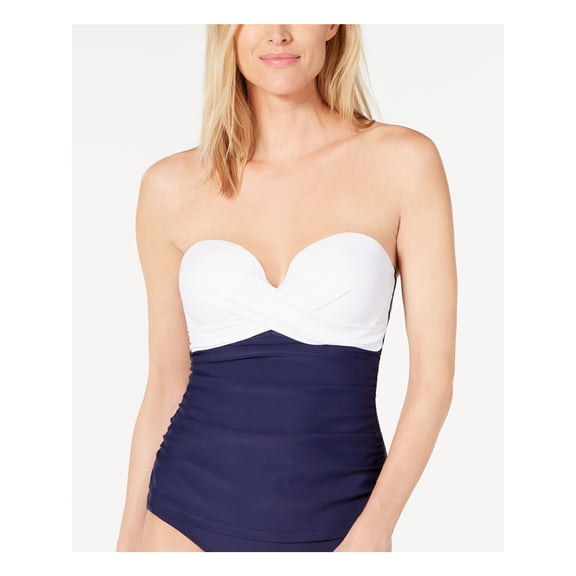 ISLAND ESCAPE Women's Navy Color Block Sweetheart Removable Cups Adjustable Underwire Tankini Swimsuit Top 16