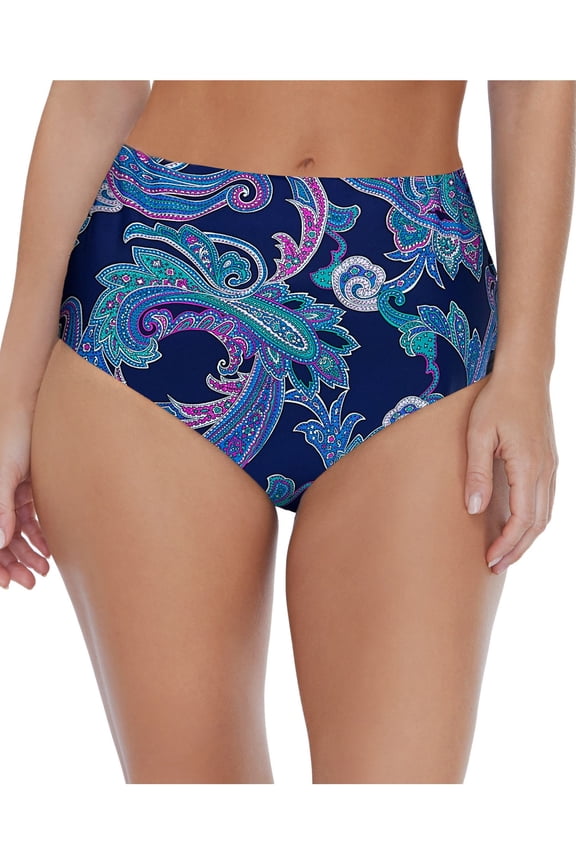 Women's Navy Paisley Stretch Lined Bikini Full Coverage Sea Breeze High Waisted Swimsuit Bottom 10