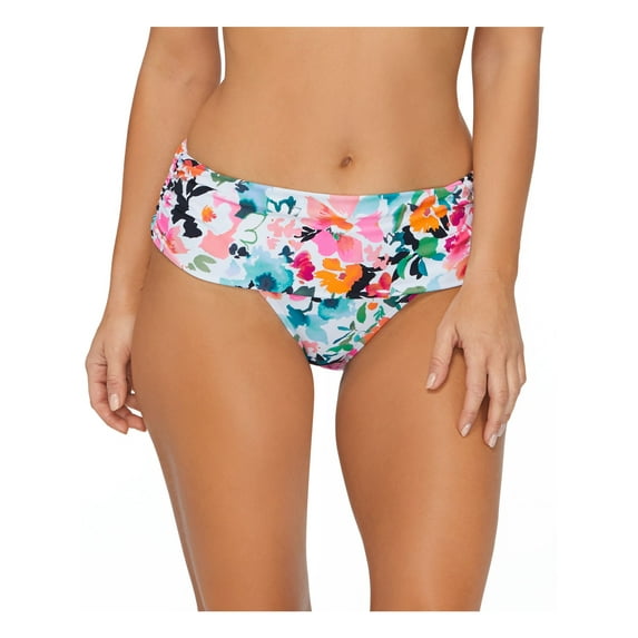 ISLAND ESCAPE Women's White Printed Stretch Lined Foldover Waistband Full Coverage Shirred Honey Bloom Bikini Swimsuit Bottom 14