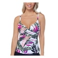 thumbnail image 1 of ISLAND ESCAPE Women's White Printed Tummy Control Removable Push Up Cups Twist Front Adjustable Aloha Palms Underwire Tankini Swimsuit Top 16, 1 of 2