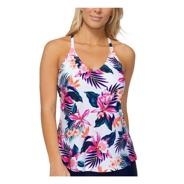 ISLAND ESCAPE Women's White Tropical Print Stretch Racerback Lined Deep V Neck Adjustable Maya Bloom Halter Tankini Swimsuit Top 6