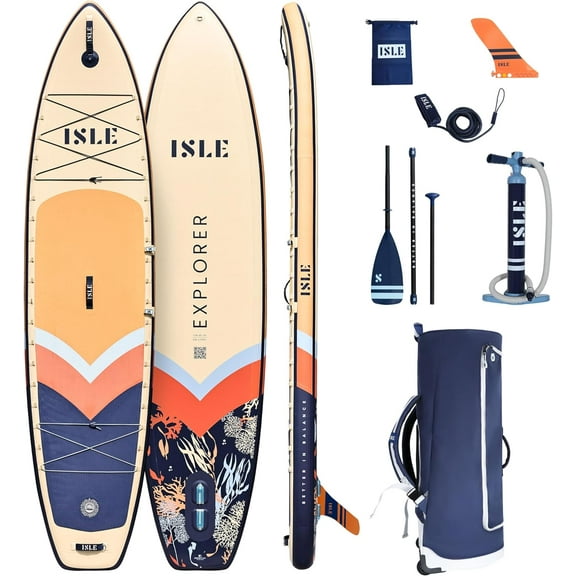 ISLE Explorer Inflatable Stand Up Paddle Board & iSUP 11'6"x 6"- Sun/Ice/Coral/Navy