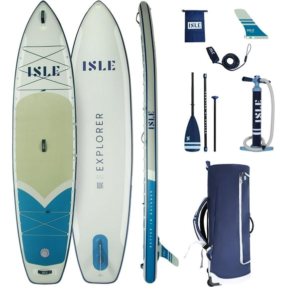 ISLE Explorer Inflatable Stand Up Paddle Board & iSUP Bundle 11'6"x 6"- Sea Ice/Seafoam/Deep Sea