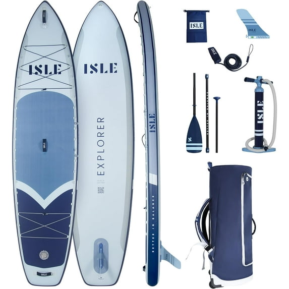 ISLE Explorer Inflatable Stand Up Paddle Board & iSUP Bundle 11'6"x6"- Ice/Slate/Navy