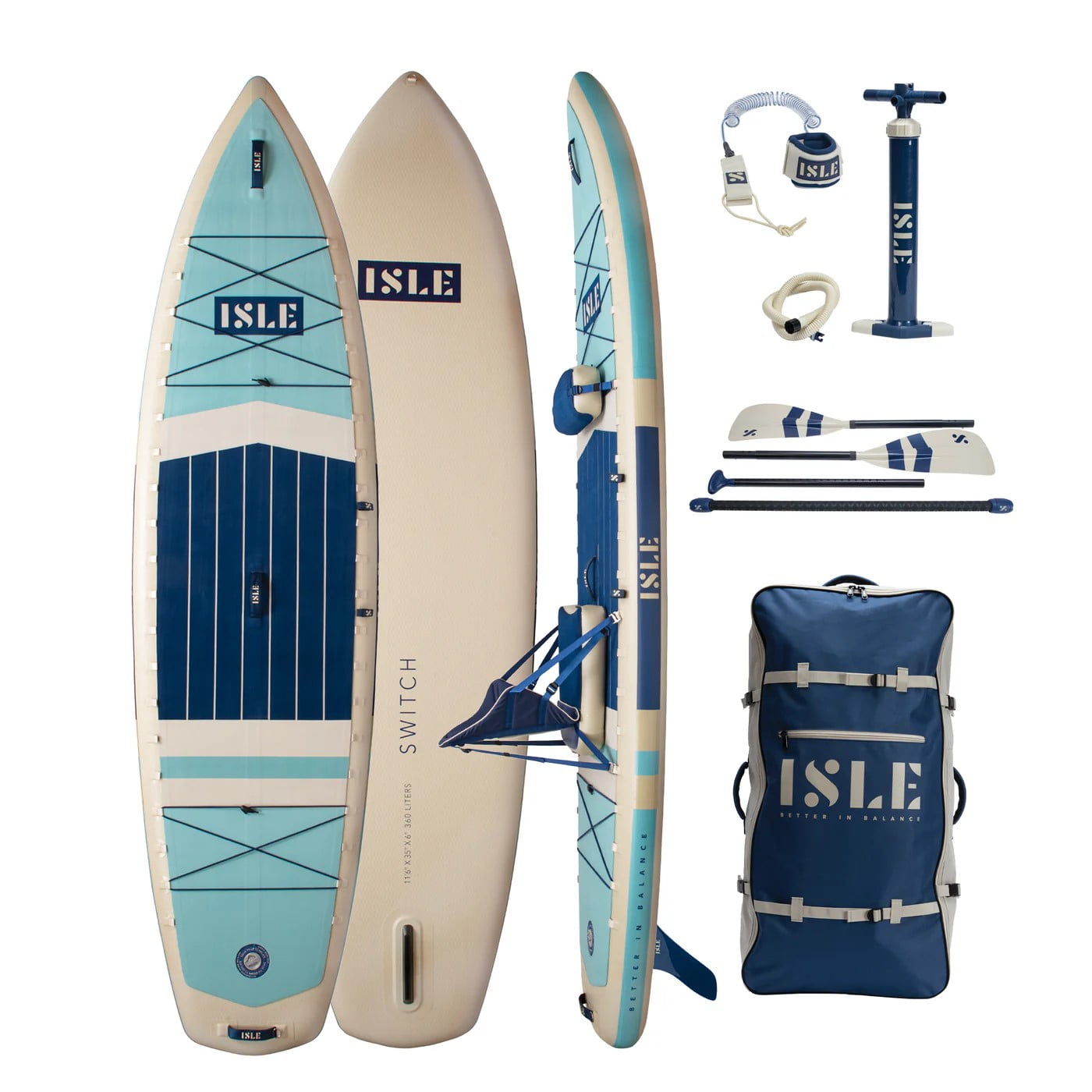 ISLE Switch Inflatable Hybrid Kayak & Paddle Board Bundle-11.6x35.5x6in-Max. 425lbs-Aqua/Navy