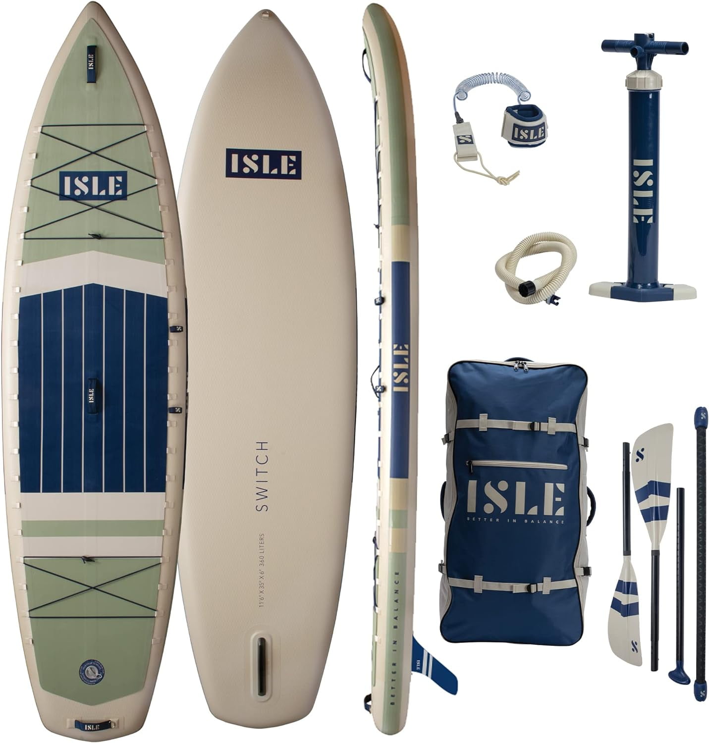 ISLE Switch Inflatable Hybrid Kayak-Stand up Paddle Board-11.6x35.5x6in-max.425lbs-Seafoam/Navy