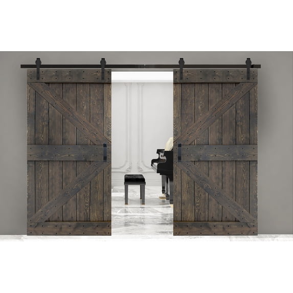 ISLIFE 84in x 84 in K Style Finished Solid Wood Sliding Barn Door With Installation Hardware Kit (Smoky Gray)