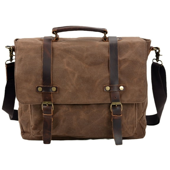 ISMART 15.6 Inch Canvas, Full-Grain Leather Messenger Bag for Business and Travel - Waterproof, Laptop Compartment, Adjustable Strap