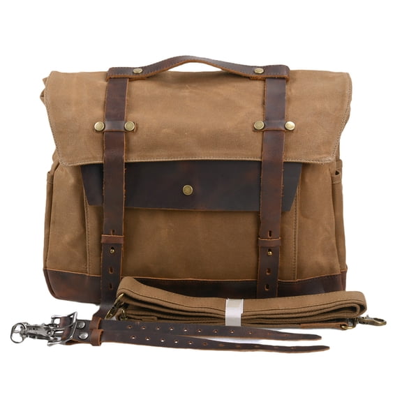 ISMART Leather Motorcycle Waterproof Saddlebag, Canvas Laptop Bag with Leather Strap