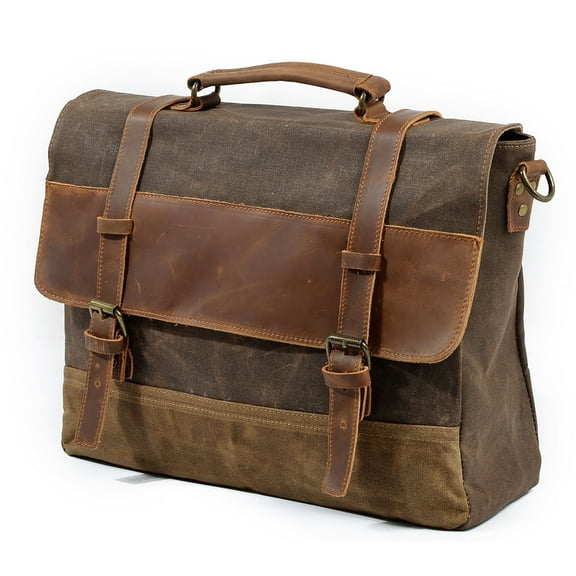ISMART Vintage Oil-Waxed Canvas & Leather Laptop Messenger Bag - Waterproof Briefcase for Work, Travel