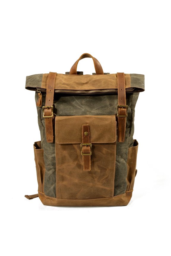 Vintage Waxed Canvas Backpack with Genuine Leather Trim, Waterproof Large Capacity Travel Rucksack,Hiking & Daily Use