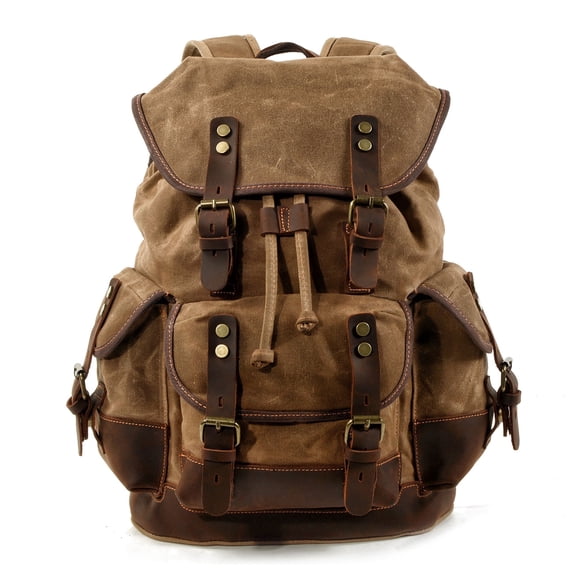 ISMART Waterproof Canvas & Genuine Leather Backpack, Travel, Hiking, School Bag