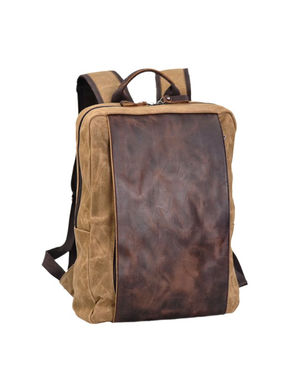 Waterproof Waxed Canvas & Genuine Leather Outdoor Backpack - 16" Laptop Travel Hiking Backpack with Thick Padded Shoulders