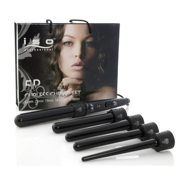 ISO Beauty 5pc Black Digital Twister Set 5 in 1 Curling Iron Wand 5P interchangeable Curling Sizes (32mm, 25mm, 19mm, 25-18mm, 18-9mm)